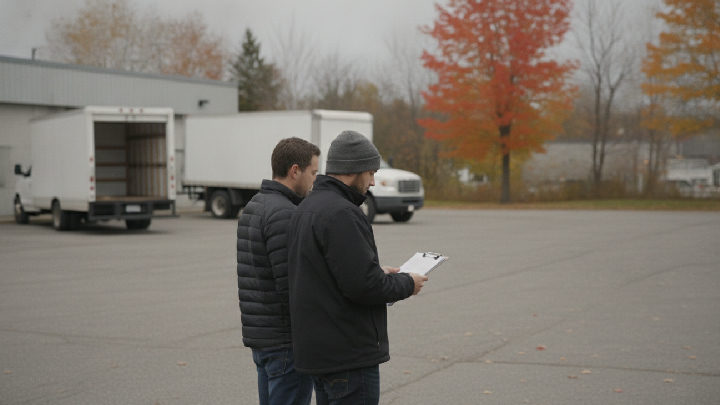 Répartiteur vu de dos et livreur de profil qui consultent une planchette à pince devant une fourgonnette blanche, dans la cour d'un petit entrepôt au Québec en automne