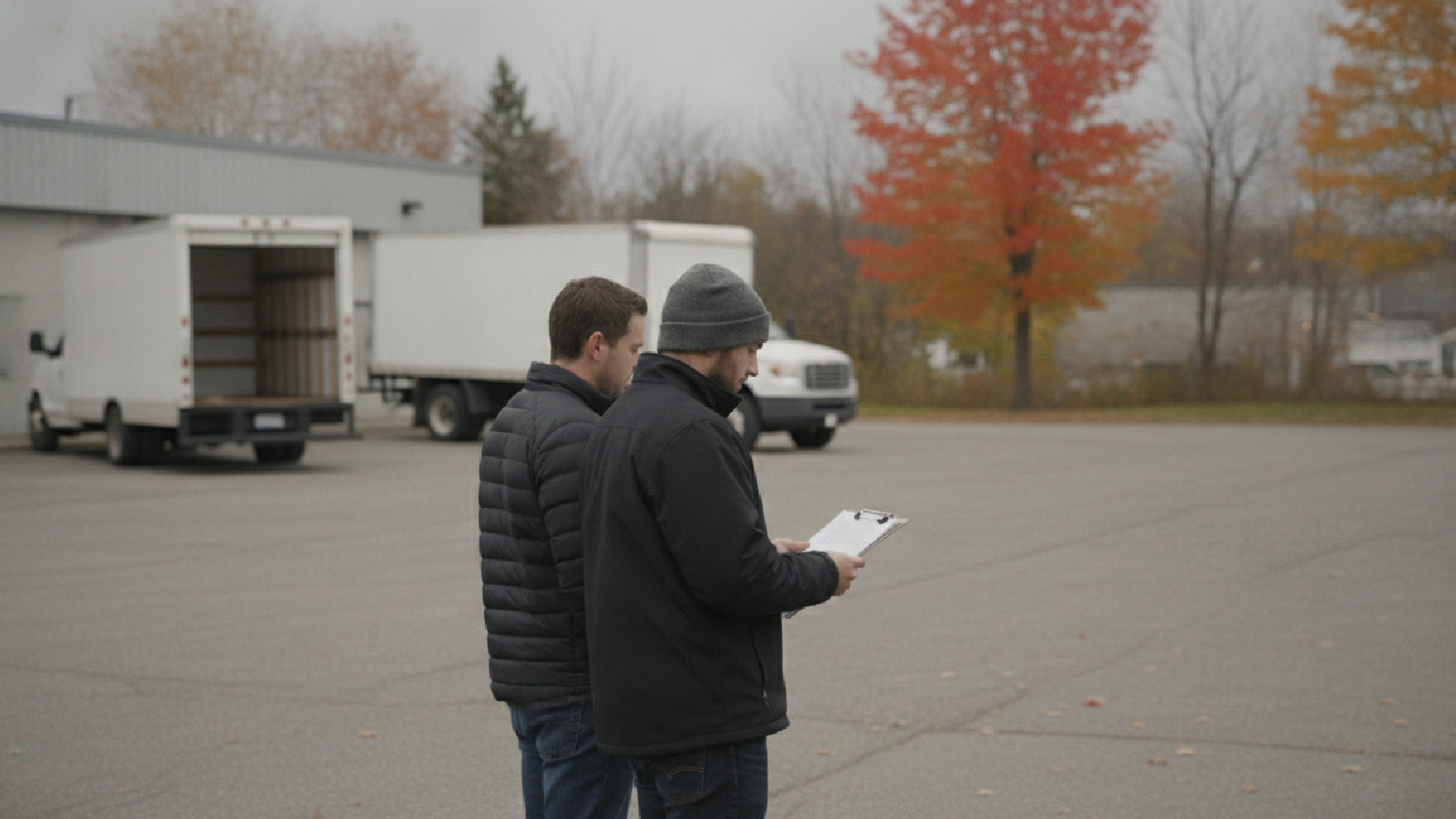 Répartiteur vu de dos et livreur de profil qui consultent une planchette à pince devant une fourgonnette blanche, dans la cour d'un petit entrepôt au Québec en automne