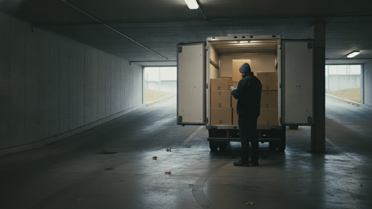 Livreur vu de dos dans un stationnement souterrain qui consulte son cellulaire à côté d'un camion cube aux portes arrière ouvertes