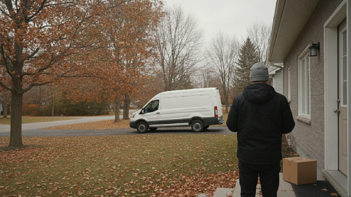 Livreur vu de dos, sur le perron d'une maison de banlieue au Québec en automne, qui vérifie un colis et son cellulaire avant de repartir vers sa fourgonnette