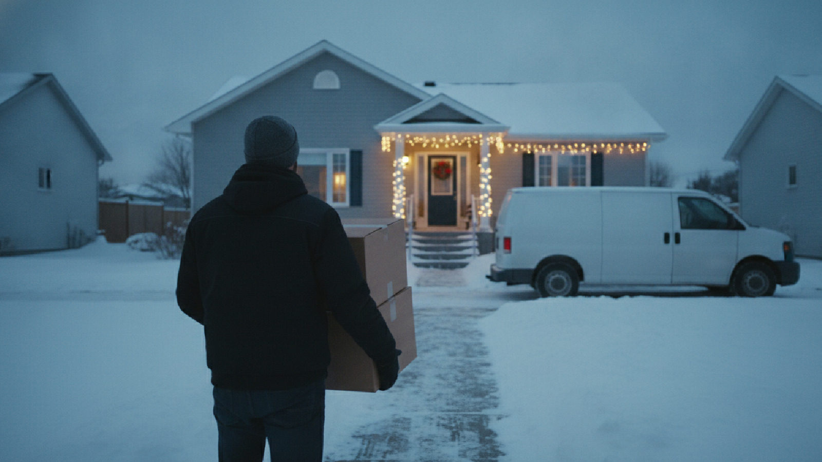 Livreur vu de dos qui transporte des boîtes vers une maison décorée pour les Fêtes dans une rue enneigée, une fourgonnette blanche stationnée derrière lui