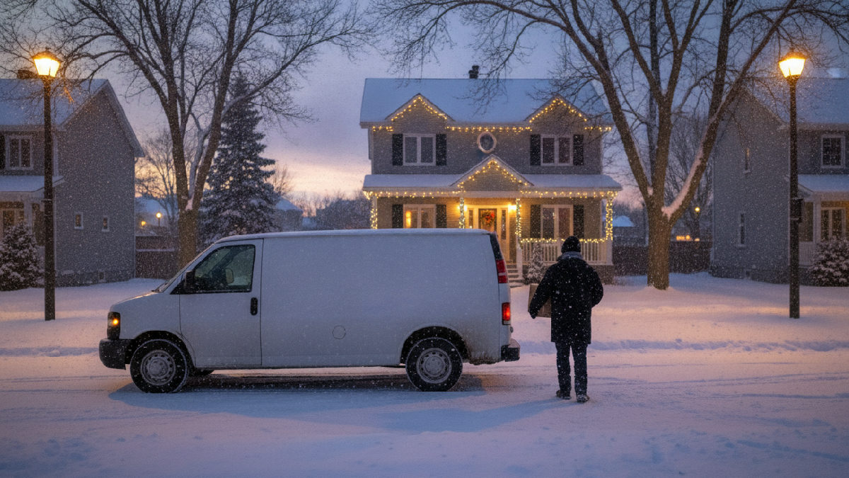 Fourgonnette de livraison blanche stationnée dans une rue résidentielle enneigée au crépuscule, un livreur de dos portant une boîte vers une maison décorée