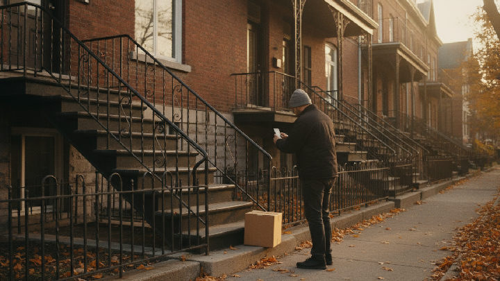 Livreur vu de dos qui photographie un colis déposé devant la porte d'un duplex montréalais en automne
