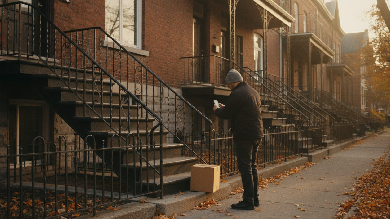 Livreur vu de dos qui photographie un colis déposé devant la porte d'un duplex montréalais en automne
