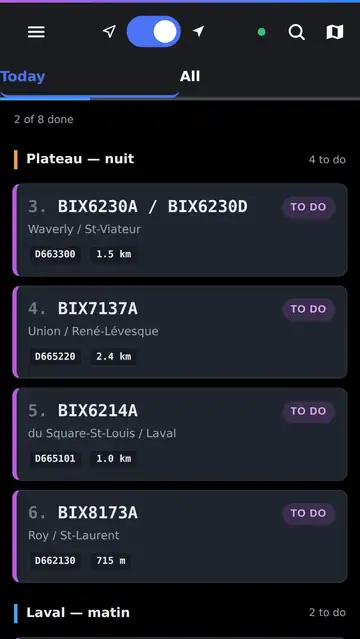 Field app: today's stops