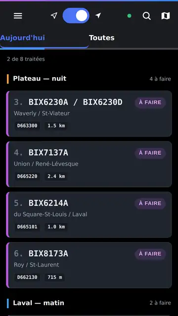 App terrain : arrêts du jour